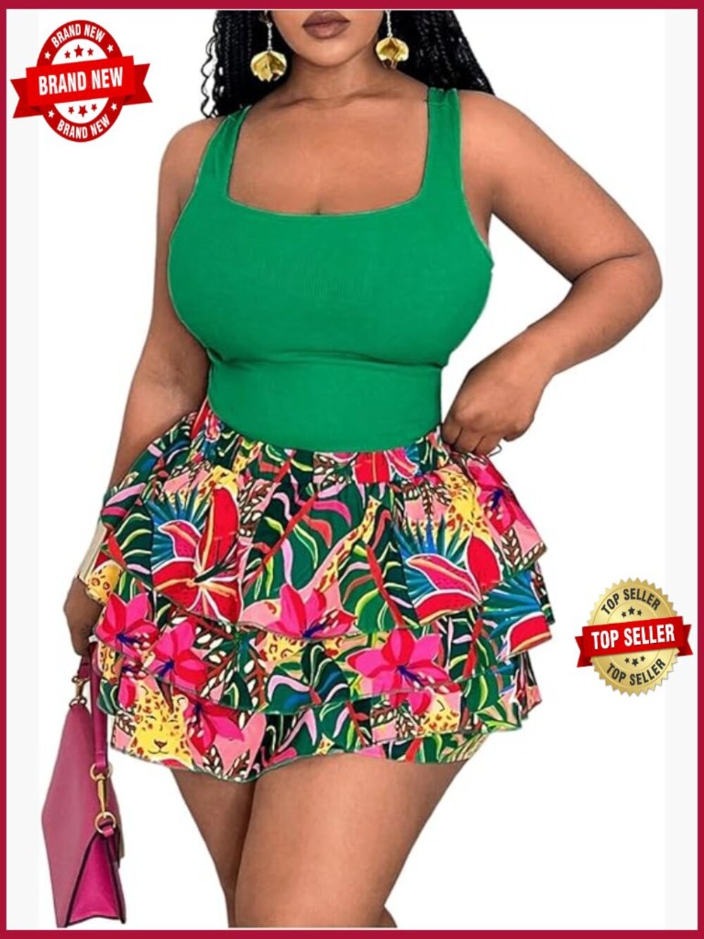 Plus Size 2 Piece Summer Outfit Tank Top & Ruffle Shorts Set